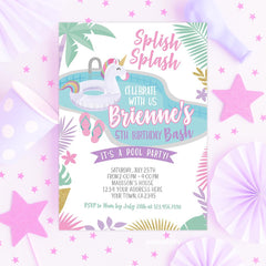 Unicorn Pool Party Invitation, Editable Summer Birthday (Instant Download)