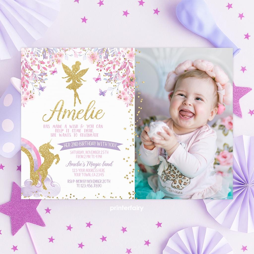 Fairy Unicorn Birthday Invitation with Photo, Floral Invite (Digital)