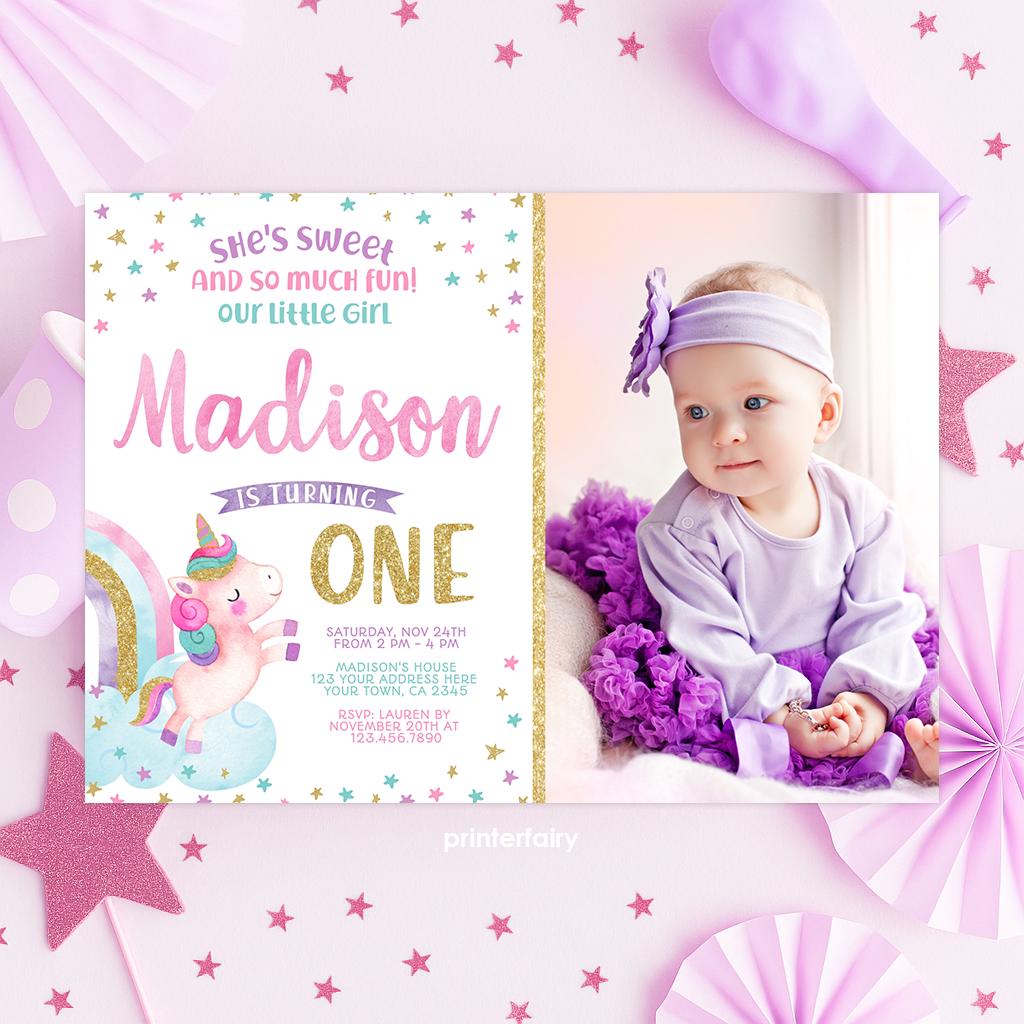 Editable Unicorn First Birthday Invitation with Photo (Digital Invite)