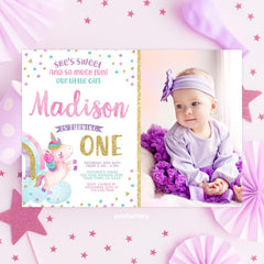 Editable Unicorn First Birthday Invitation with Photo (Digital Invite)