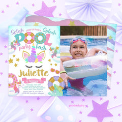 Unicorn Pool Birthday Party Invitation with Photo, Editable (Digital Item)
