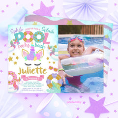Unicorn Pool Birthday Party Invitation with Photo, Editable (Digital Item)