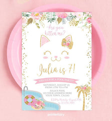 Floral Kitty Cat Pool Party Invitation – Girls Birthday, Editable Template (Instant Download)