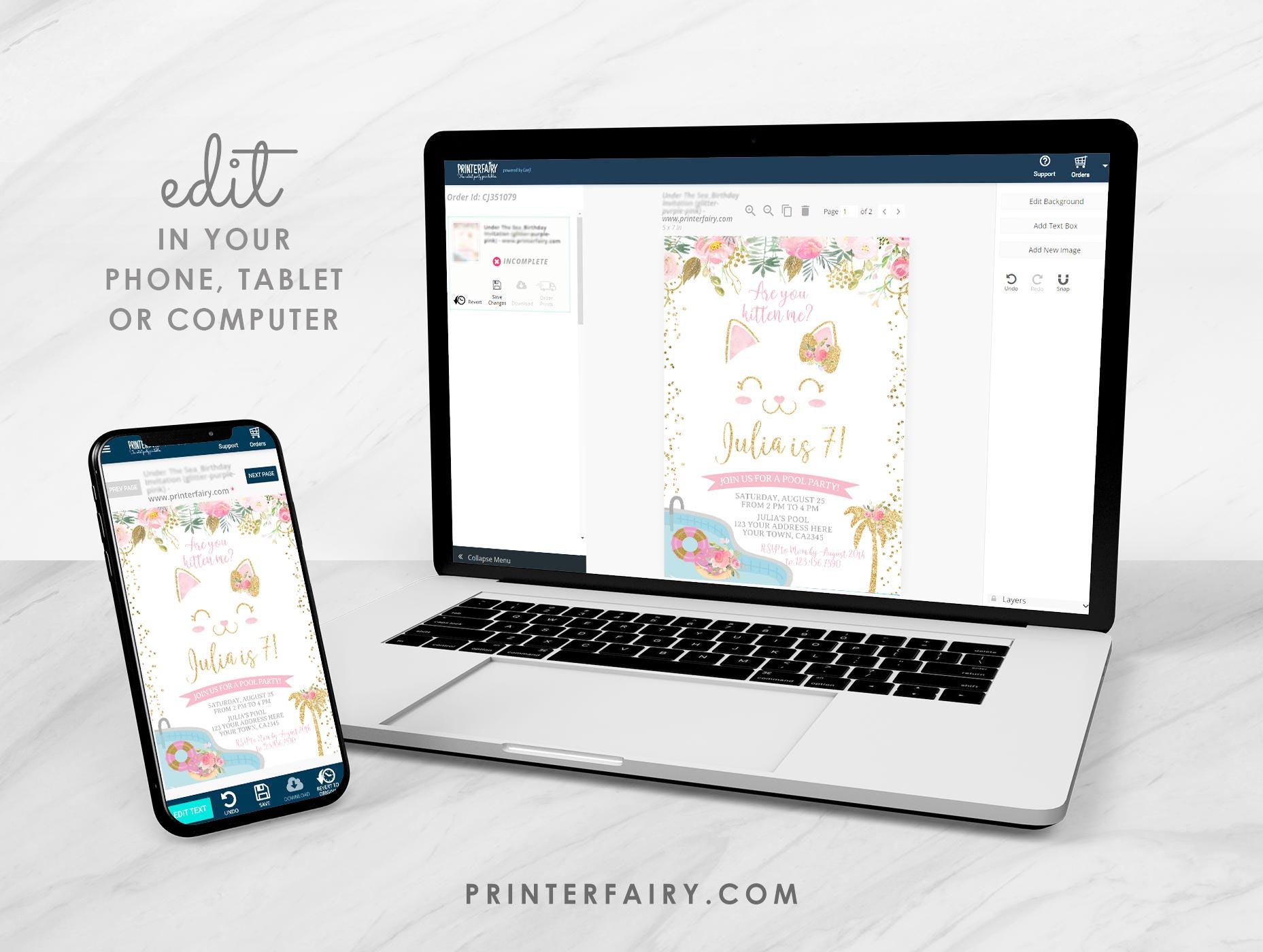 Floral Kitty Cat Pool Party Invitation – Girls Birthday, Editable Template (Instant Download)