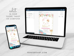 Floral Kitty Cat Pool Party Invitation – Girls Birthday, Editable Template (Instant Download)