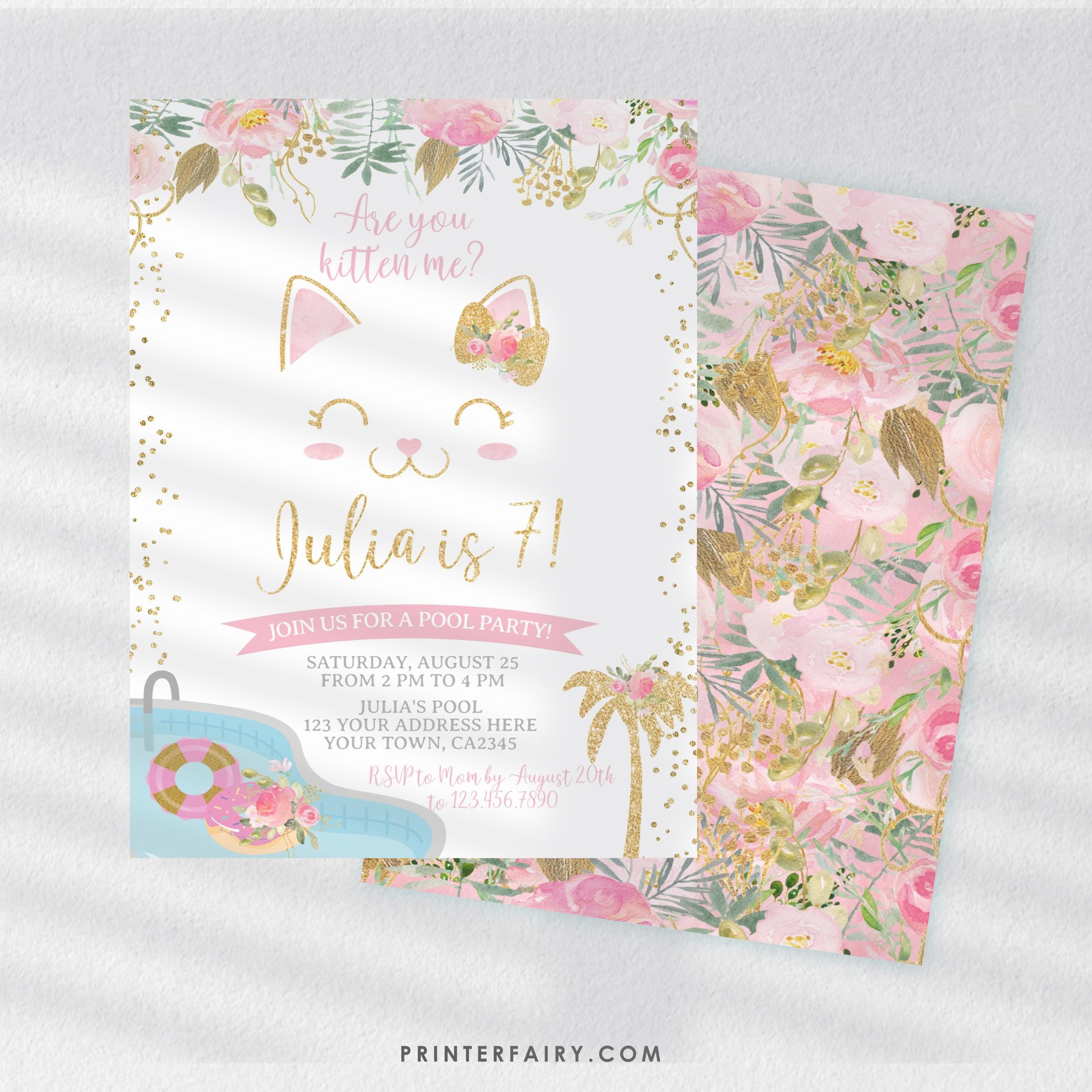 Floral Kitty Cat Pool Party Invitation – Girls Birthday, Editable Template (Instant Download)