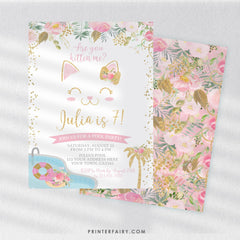 Floral Kitty Cat Pool Party Invitation – Girls Birthday, Editable Template (Instant Download)