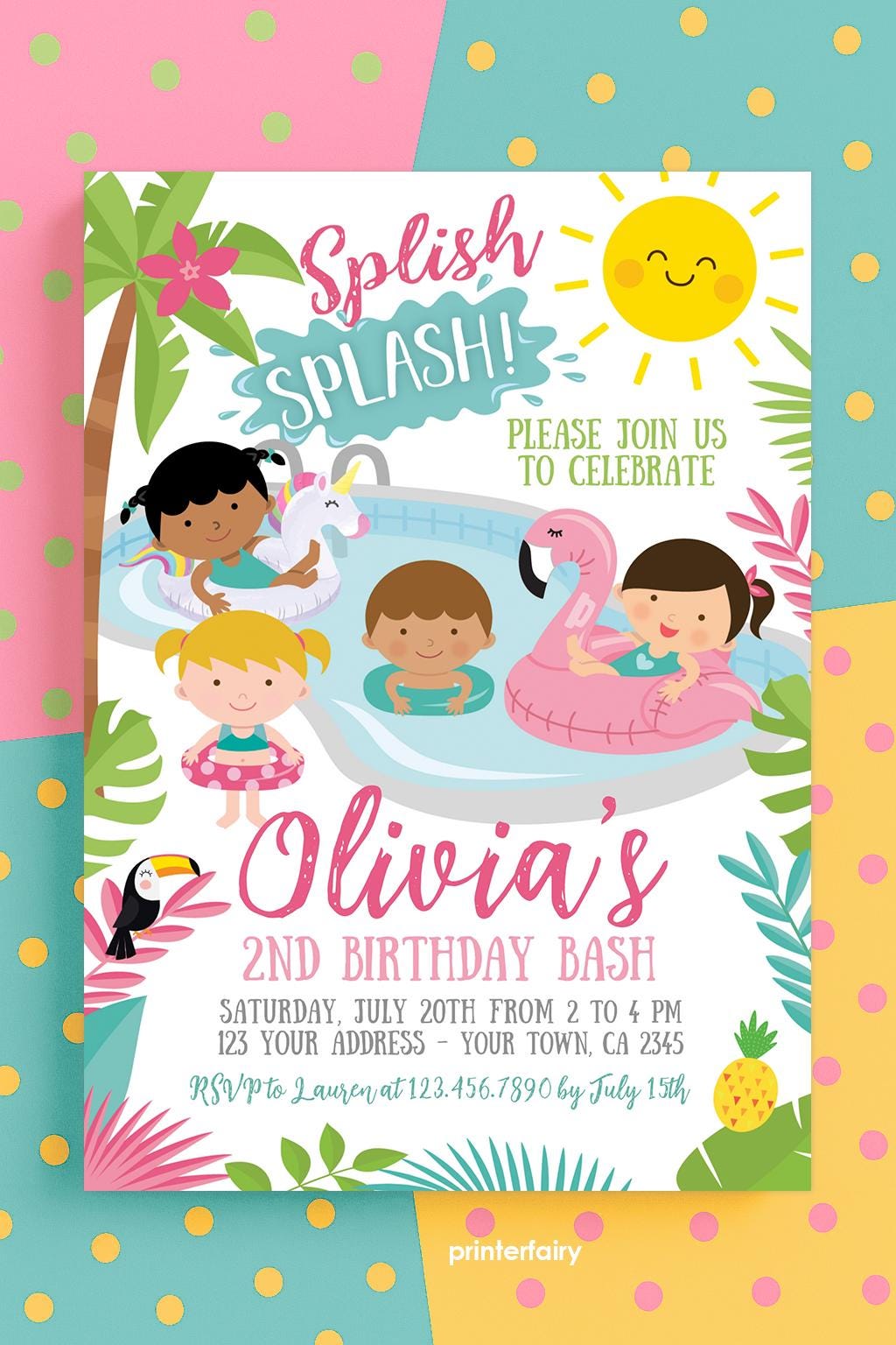 Flamingo Pool Party Invitation, Unicorn Float, Editable (Digital Download)