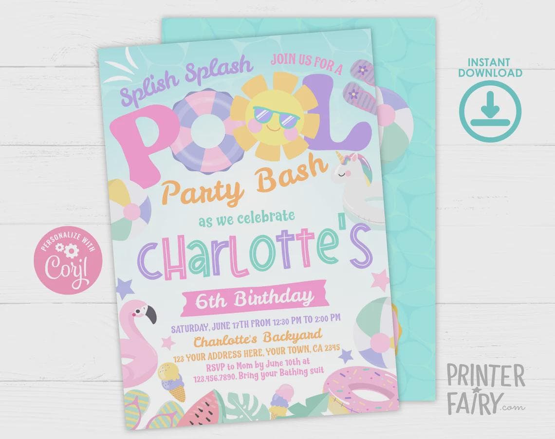 Pool Party Birthday Kit, Editable Summer Printables (Instant Download)