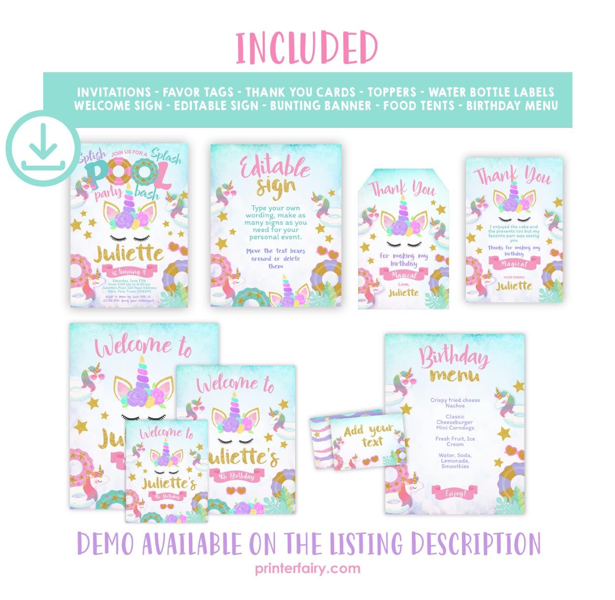 Unicorn Pool Party Birthday Bundle, Editable Summer Printable Kit (Digital Download)