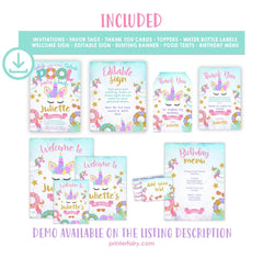 Unicorn Pool Party Birthday Bundle, Editable Summer Printable Kit (Digital Download)