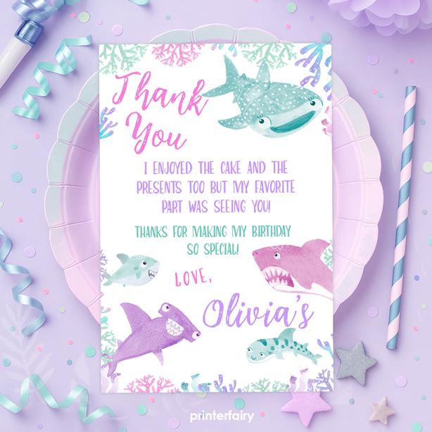 Shark Girl Birthday Thank You Cards, Under the Sea (INSTANT DOWNLOAD)