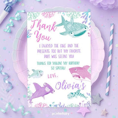 Shark Girl Birthday Thank You Cards, Under the Sea (INSTANT DOWNLOAD)
