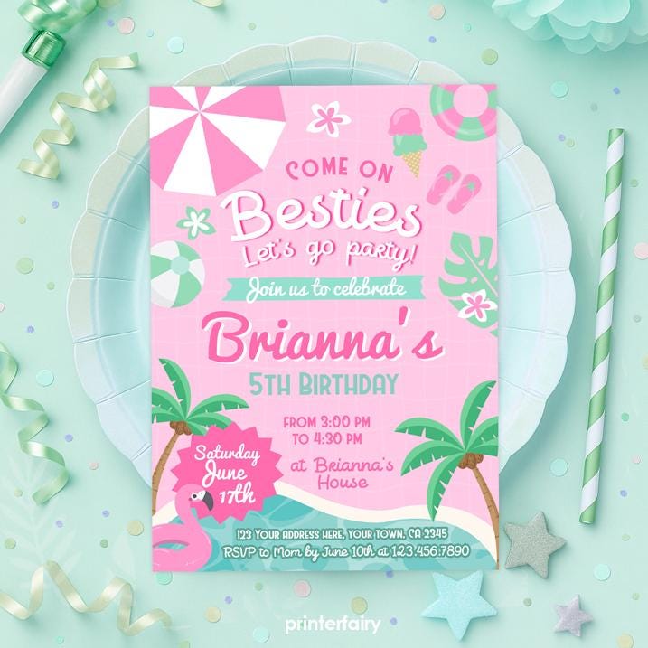 Pool Party Birthday Invitation Bundle, Flamingo Printables (Digital Download)