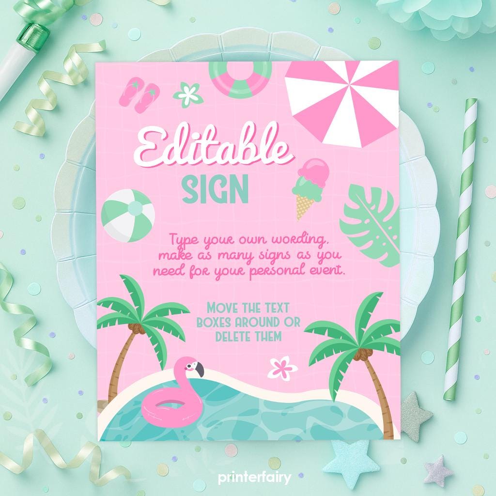Pool Party Birthday Invitation Bundle, Flamingo Printables (Digital Download)