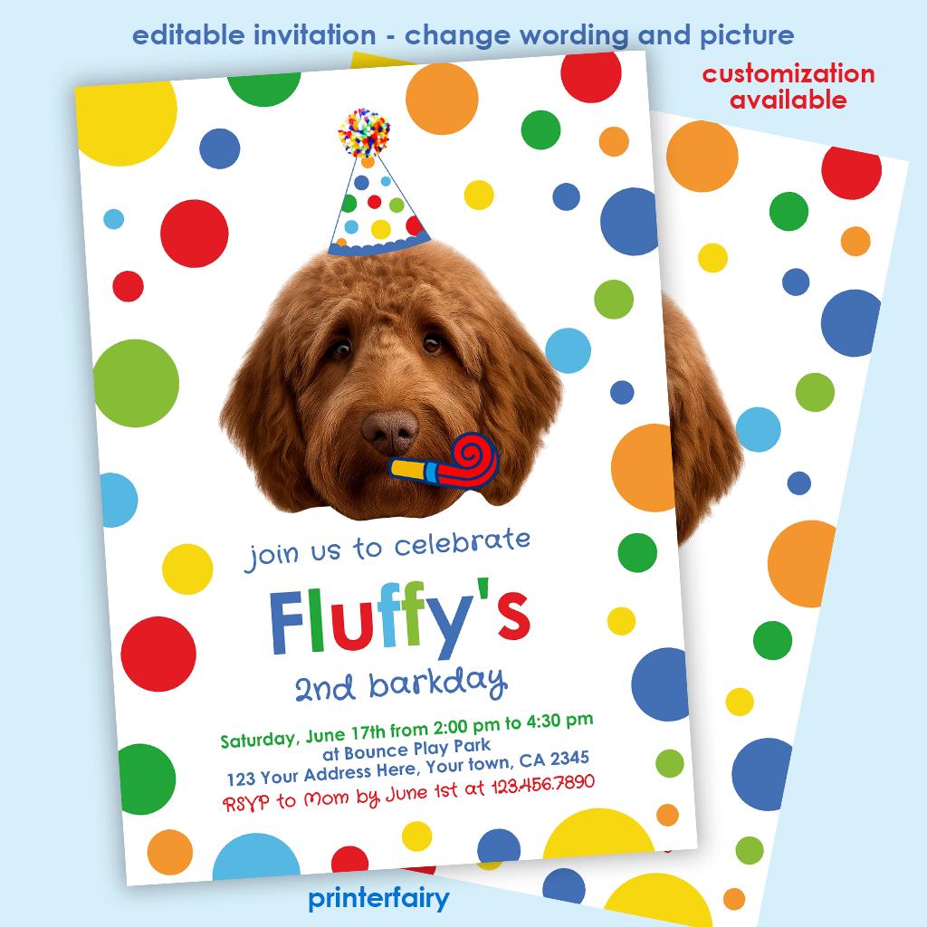Dog Birthday Invitation with Photo, Editable Puppy Pawty Invite (Digital)