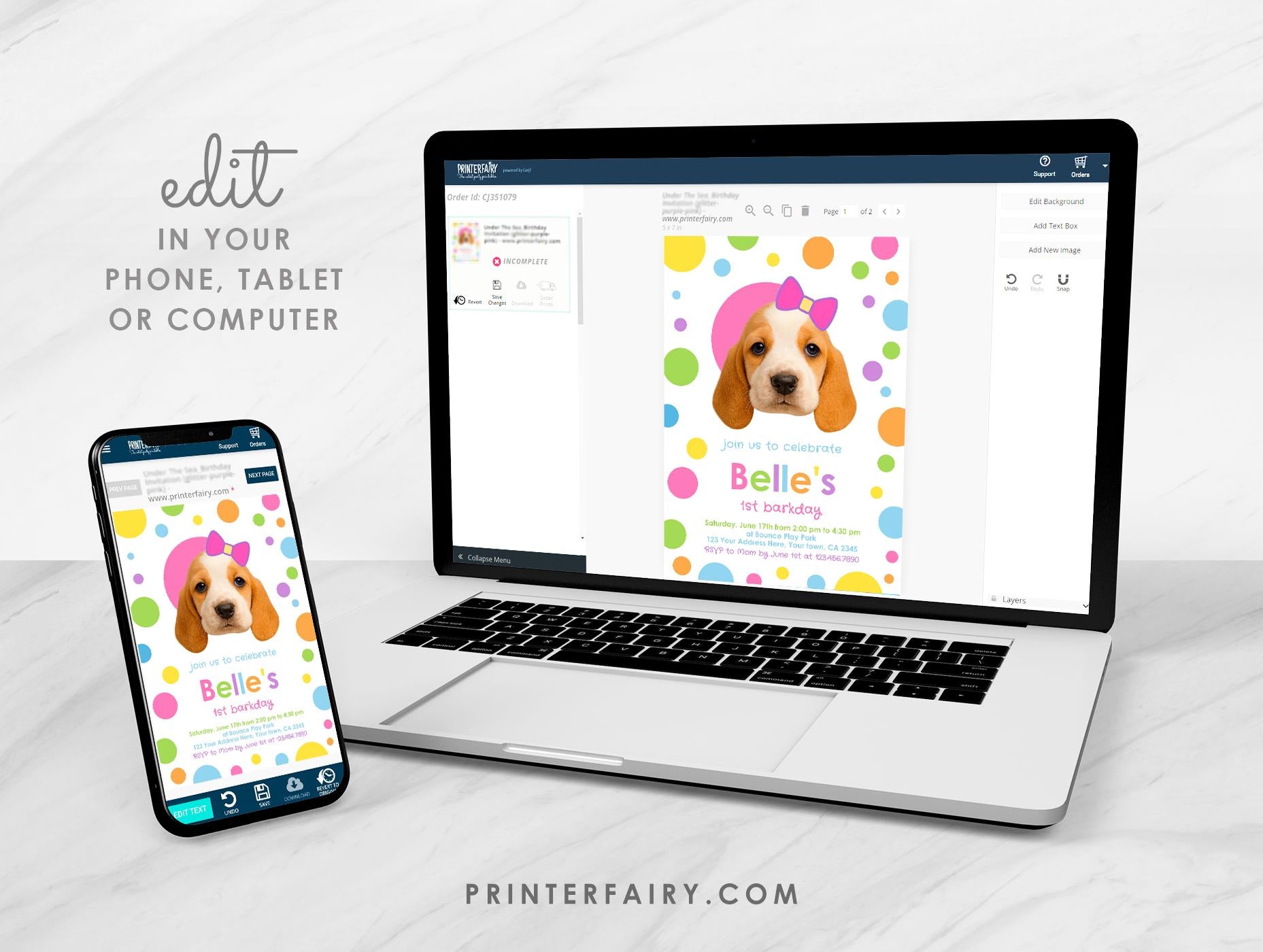 Dog Birthday Invitation with Photo, Primary Colors (Editable Template)