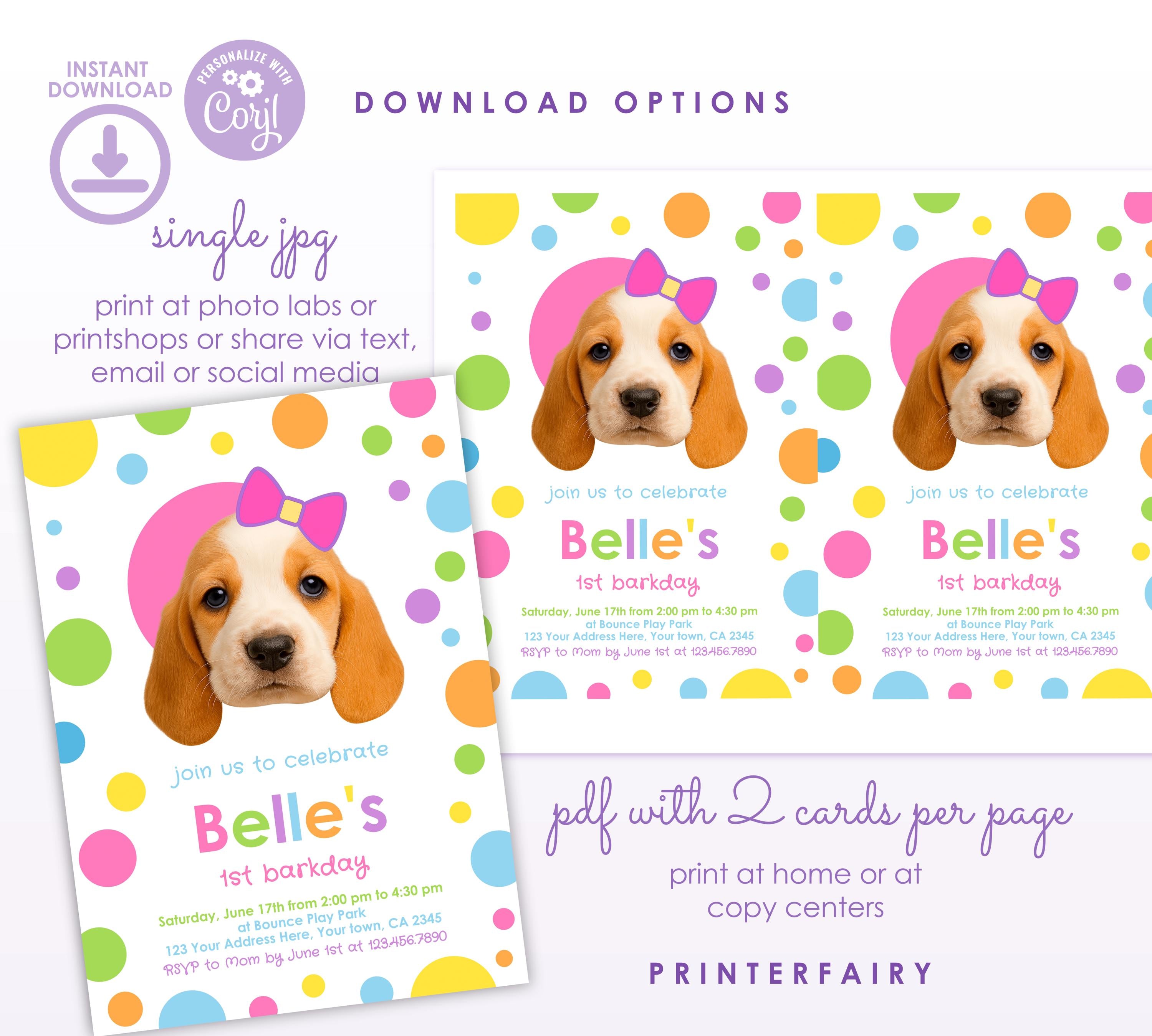 Dog Birthday Invitation with Photo, Primary Colors (Editable Template)