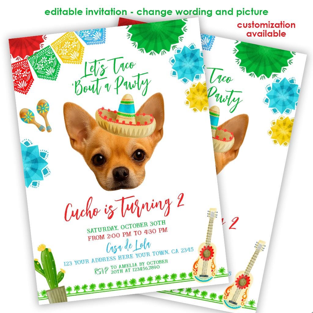 Cinco de Mayo Dog Birthday Invitation, Editable Fiesta Invite (Digital Download)