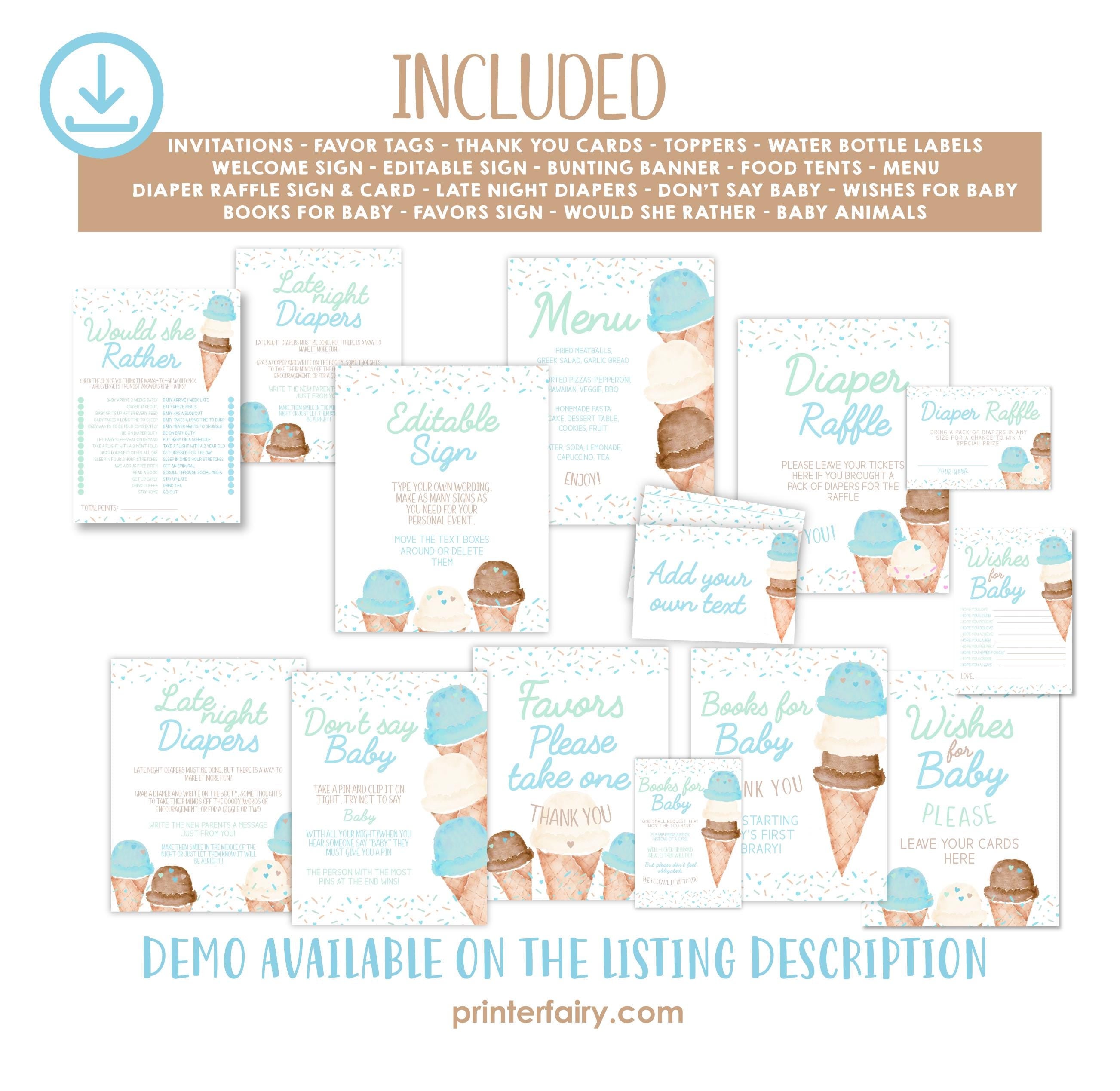 Ice Cream Baby Shower Bundle, Party Printables (EDITABLE, Instant Download)