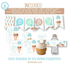 Ice Cream Baby Shower Bundle, Party Printables (EDITABLE, Instant Download)