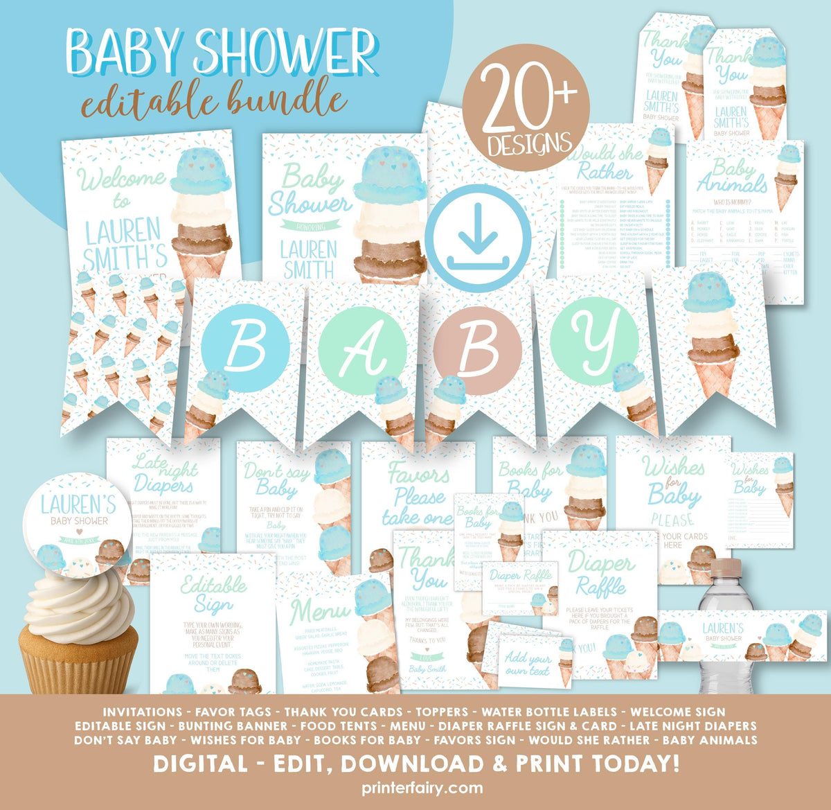 Ice Cream Baby Shower Bundle, Party Printables (EDITABLE, Instant Download)