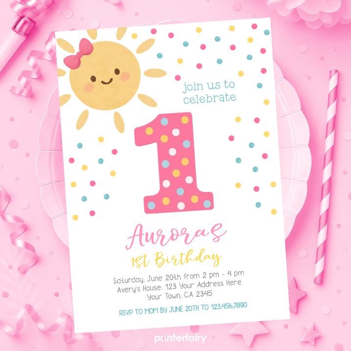 Sunshine 1st Birthday Invitation, Editable Summer Party Invite (Digital Download)