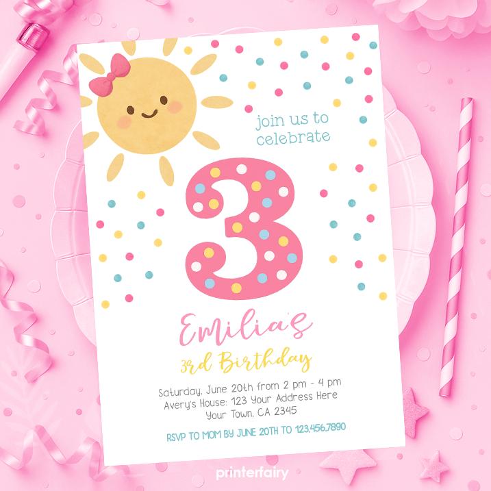 Little Sunshine Birthday Invitation, Girl 3rd Birthday, Summer Party (Editable Template)