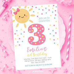 Little Sunshine Birthday Invitation, Girl 3rd Birthday, Summer Party (Editable Template)