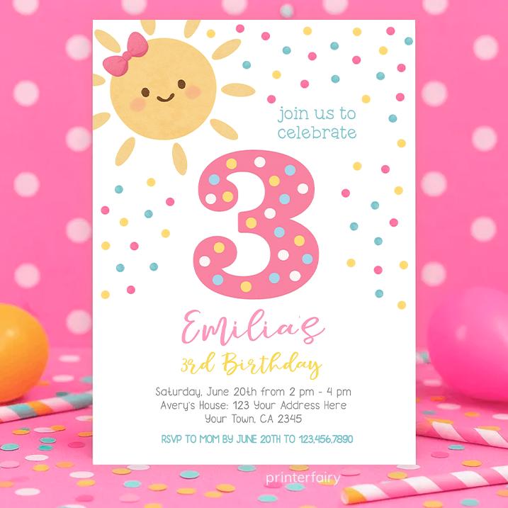 Little Sunshine Birthday Invitation, Girl 3rd Birthday, Summer Party (Editable Template)