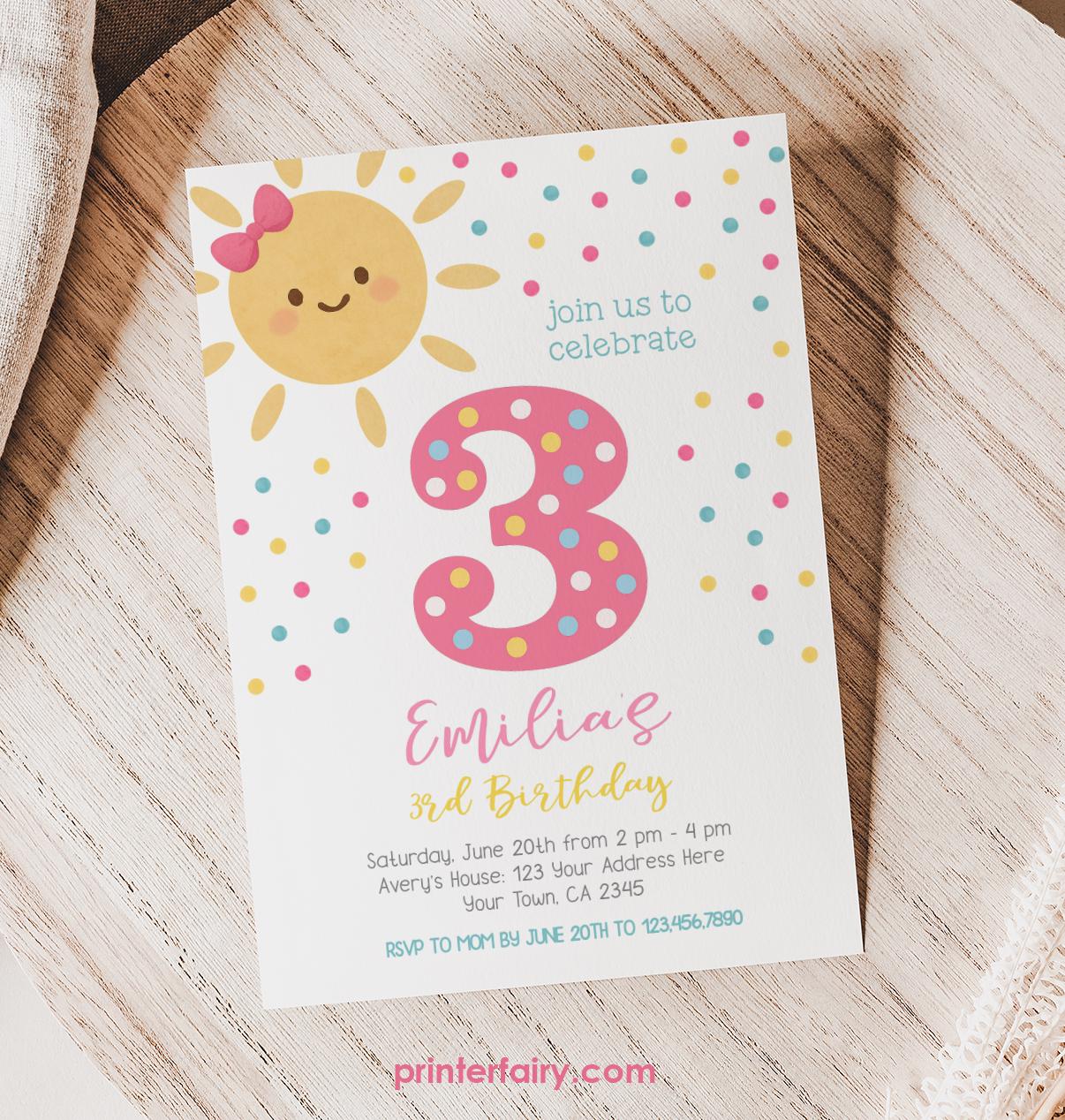 Little Sunshine Birthday Invitation, Girl 3rd Birthday, Summer Party (Editable Template)