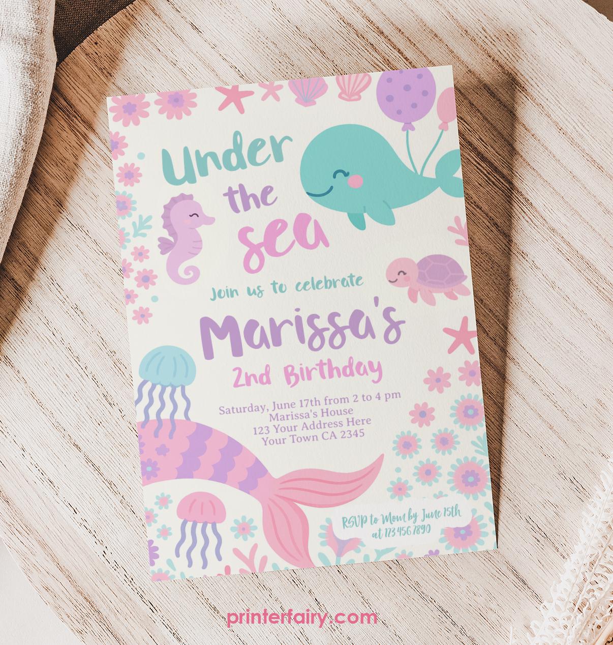 Under The Sea Birthday Invitation, Sea Animals, Editable Template (Instant Download)