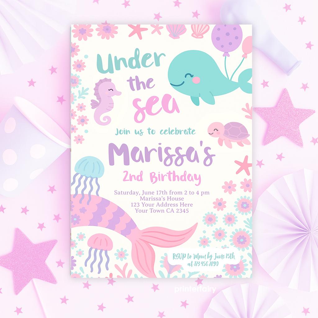 Under The Sea Birthday Invitation, Sea Animals, Editable Template (Instant Download)