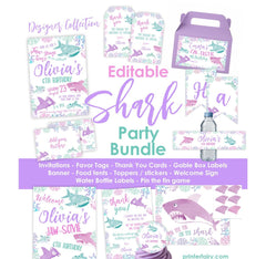 Shark Birthday Party Bundle: Editable Invitation, Banner, Sign (Digital Download)