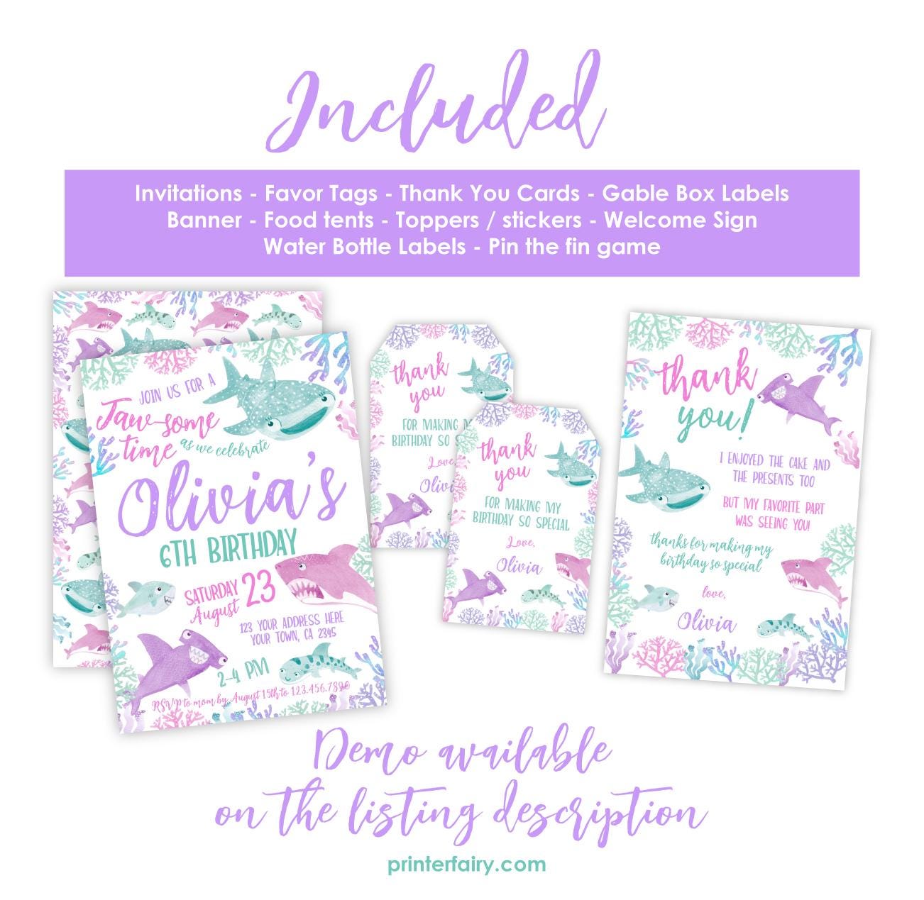 Shark Birthday Party Bundle: Editable Invitation, Banner, Sign (Digital Download)