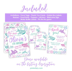 Shark Birthday Party Bundle: Editable Invitation, Banner, Sign (Digital Download)