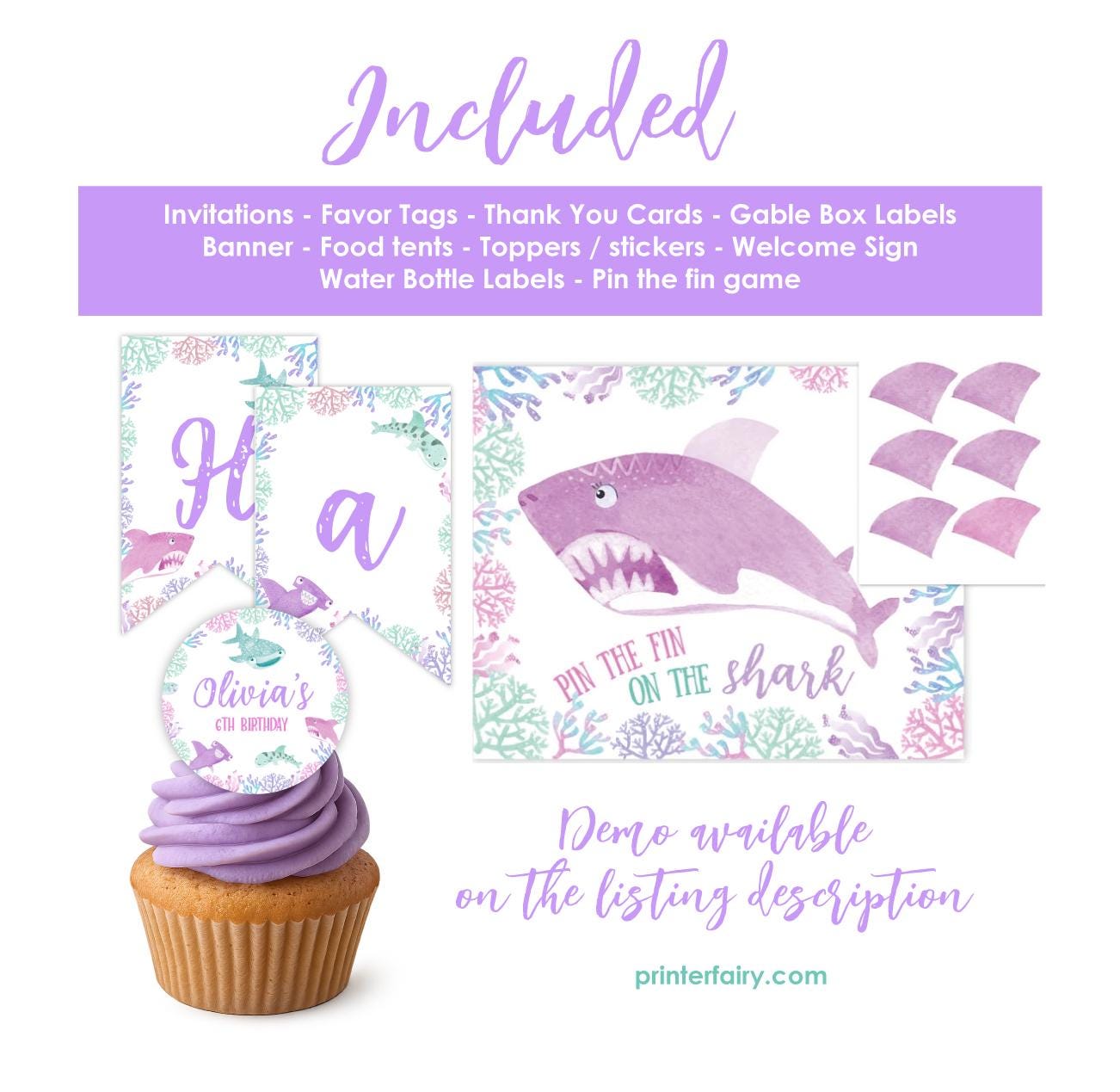 Shark Birthday Party Bundle: Editable Invitation, Banner, Sign (Digital Download)