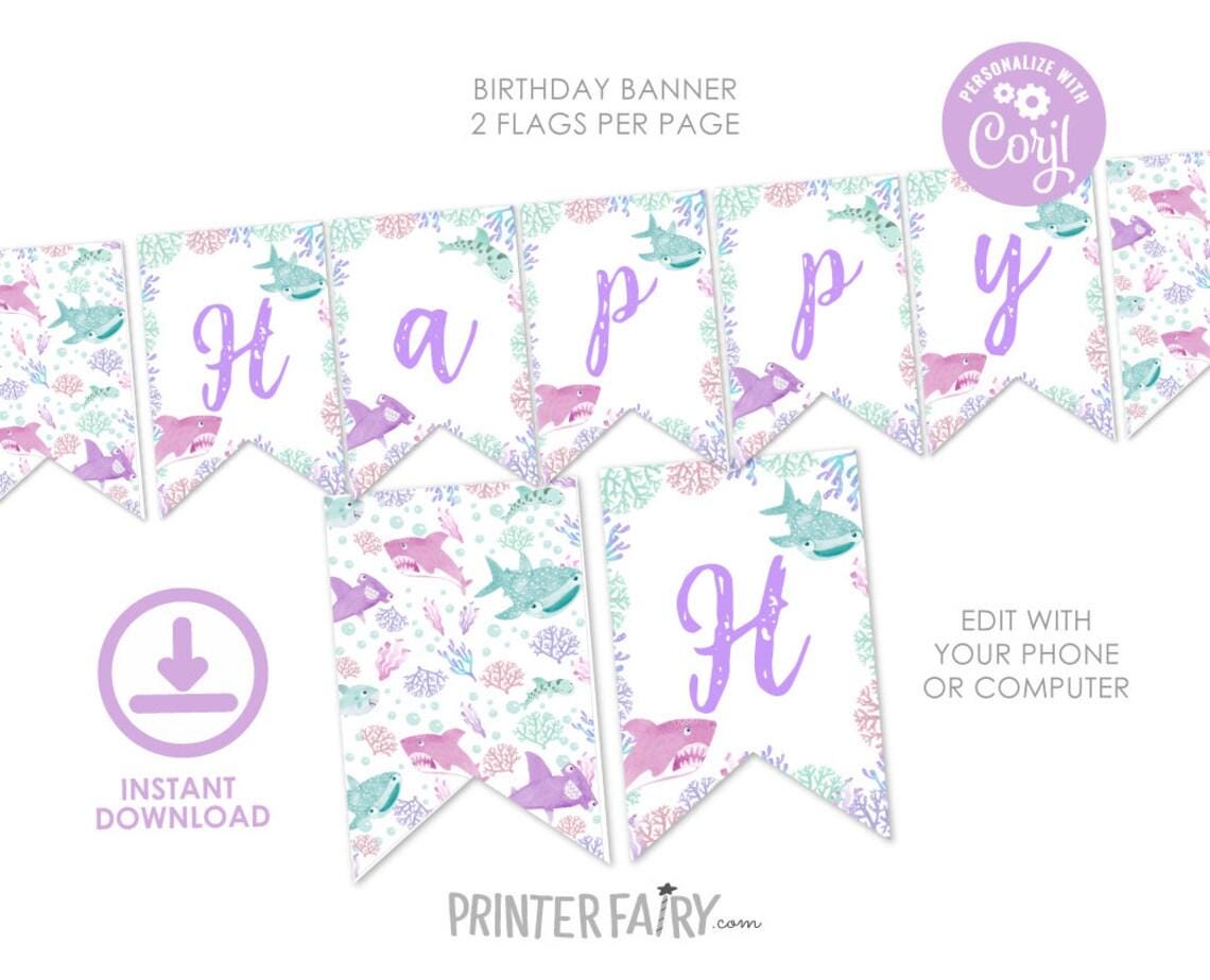 Shark Birthday Party Bundle: Editable Invitation, Banner, Sign (Digital Download)