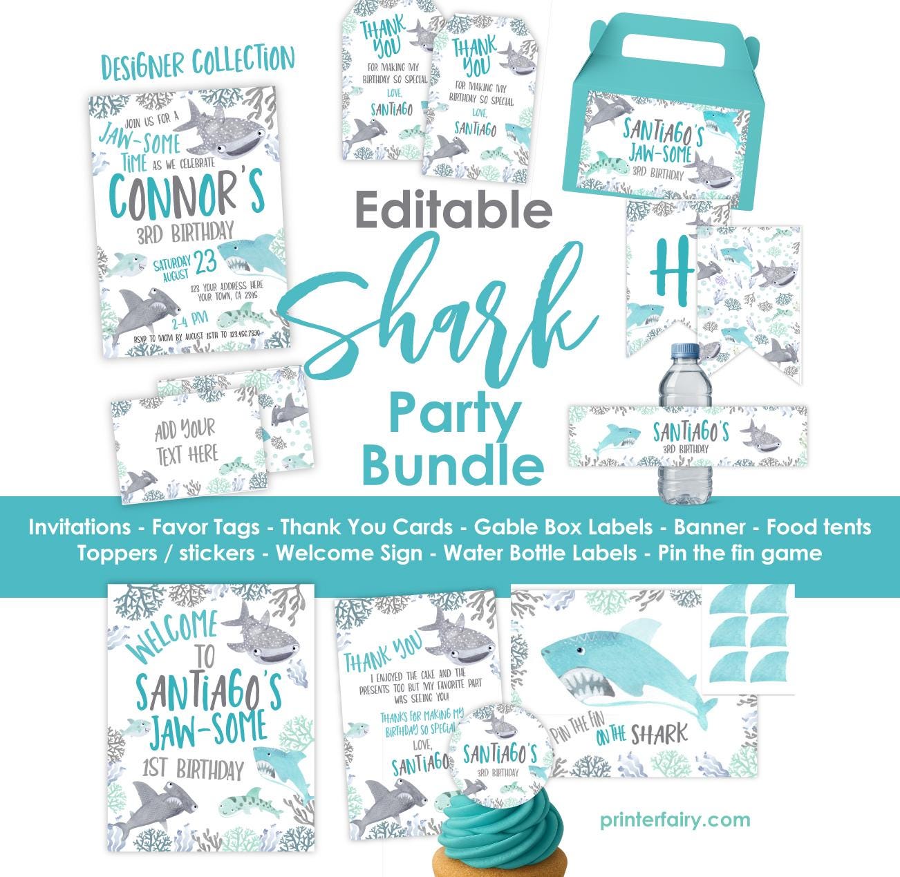 Shark Birthday Party Bundle (Digital Download) – Editable Invitation, Banner, Signs