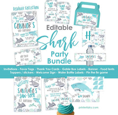 Shark Birthday Party Bundle (Digital Download) – Editable Invitation, Banner, Signs