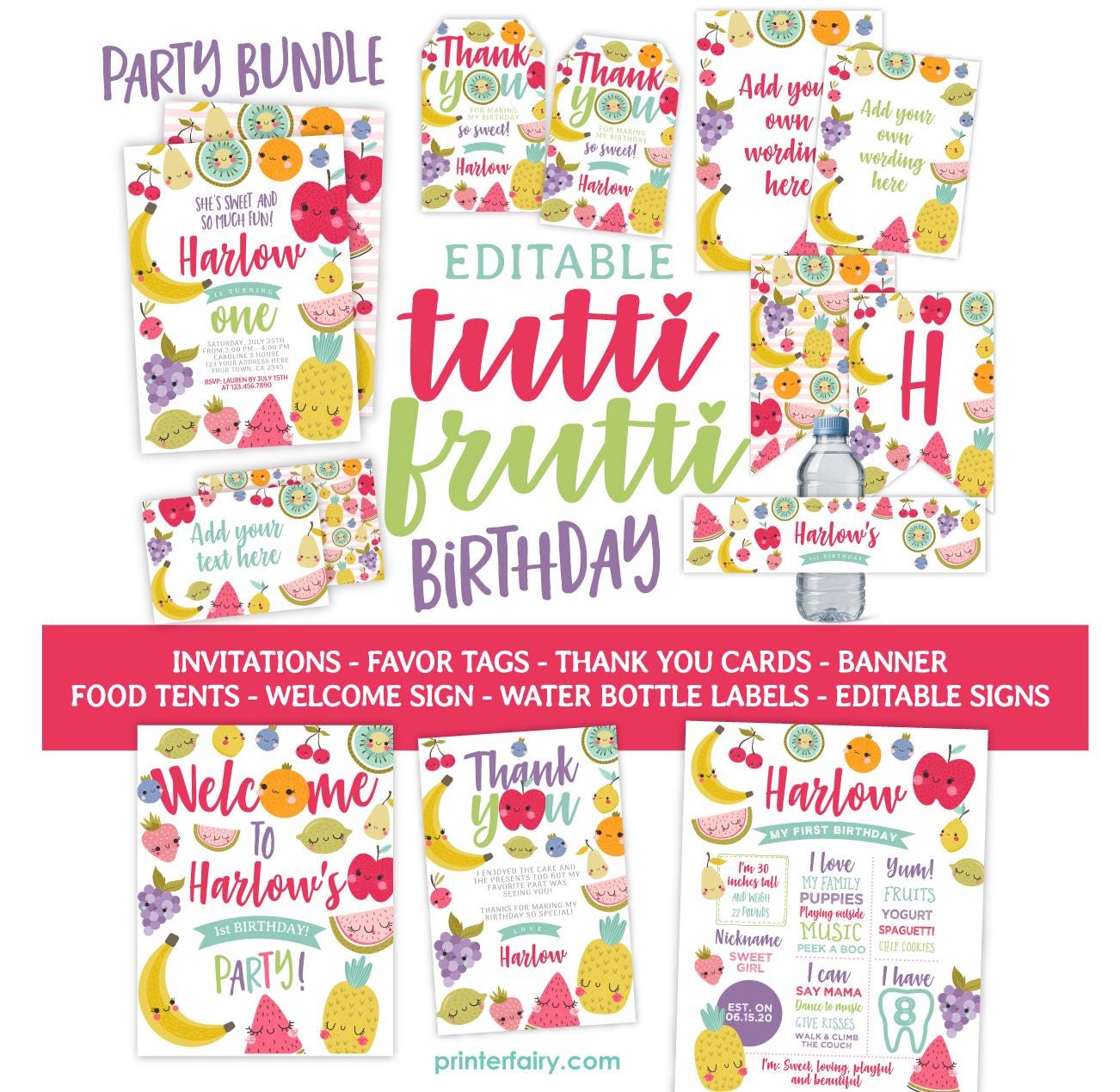 Tutti Frutti 1ST Birthday Party Bundle Editable Templates for any age (Instant Download)