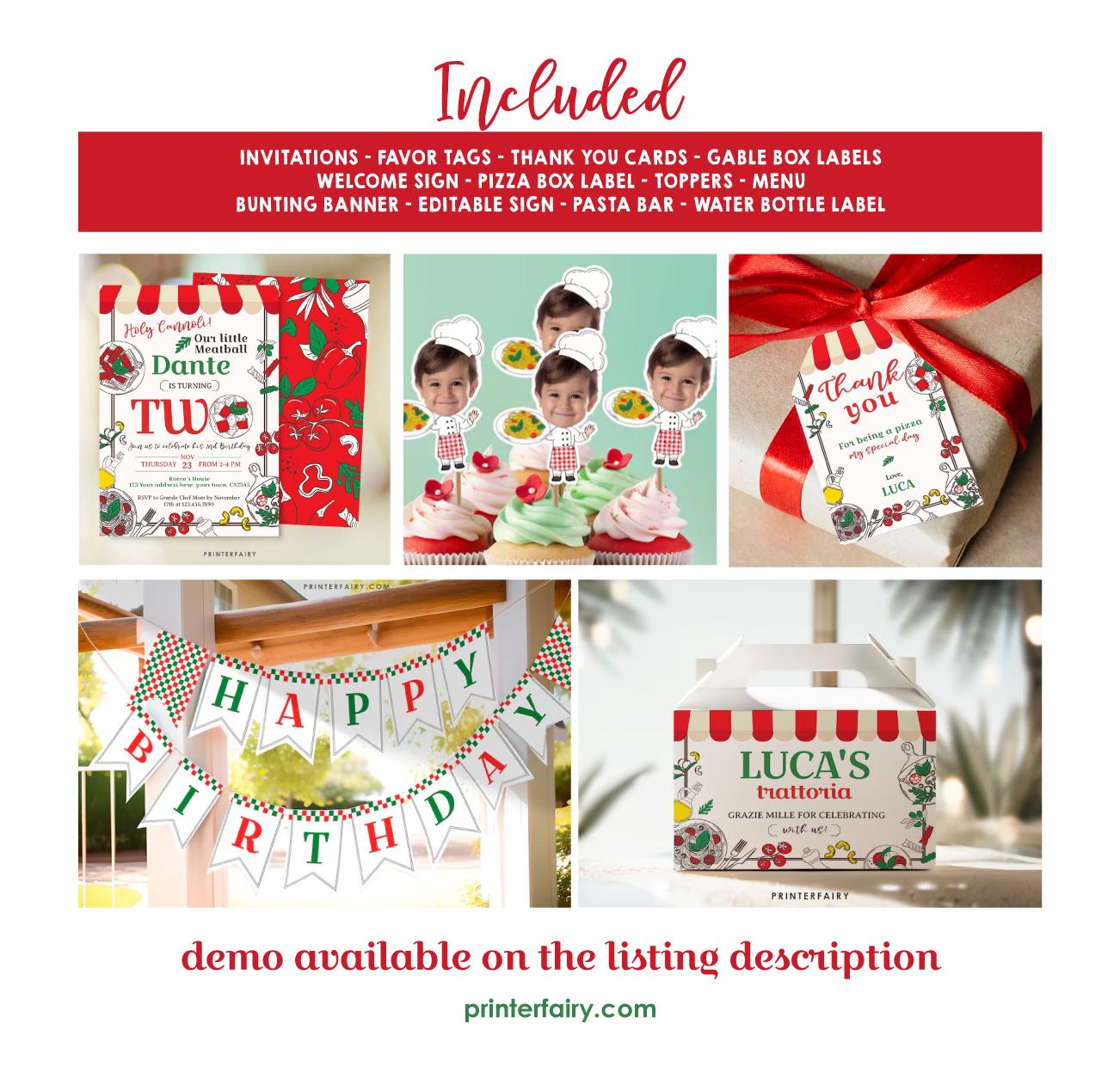 Little Meatball 2nd Birthday Party Kit, Italian Pizza (Editable Template)