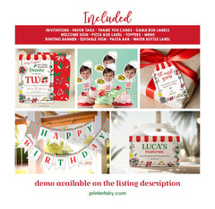 Little Meatball 2nd Birthday Party Kit, Italian Pizza (Editable Template)