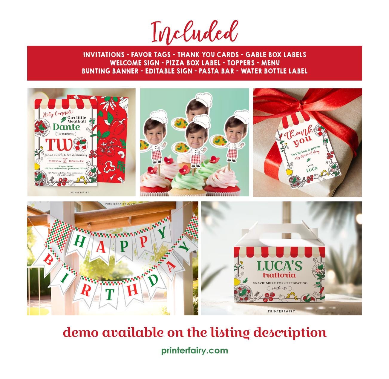 Little Meatball 2nd Birthday Party Kit, Italian Pizza (Editable Template)