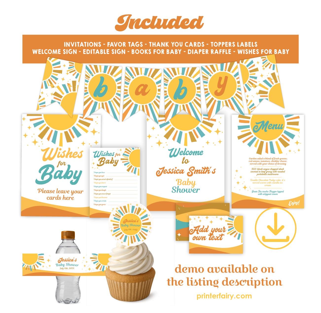 Twin Boys Baby Shower Bundle, Here comes the Sun Theme (Editable Digital Download)