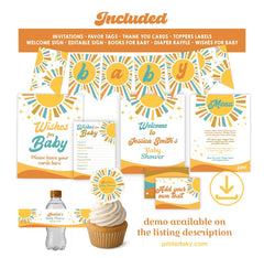 Twin Boys Baby Shower Bundle, Here comes the Sun Theme (Editable Digital Download)