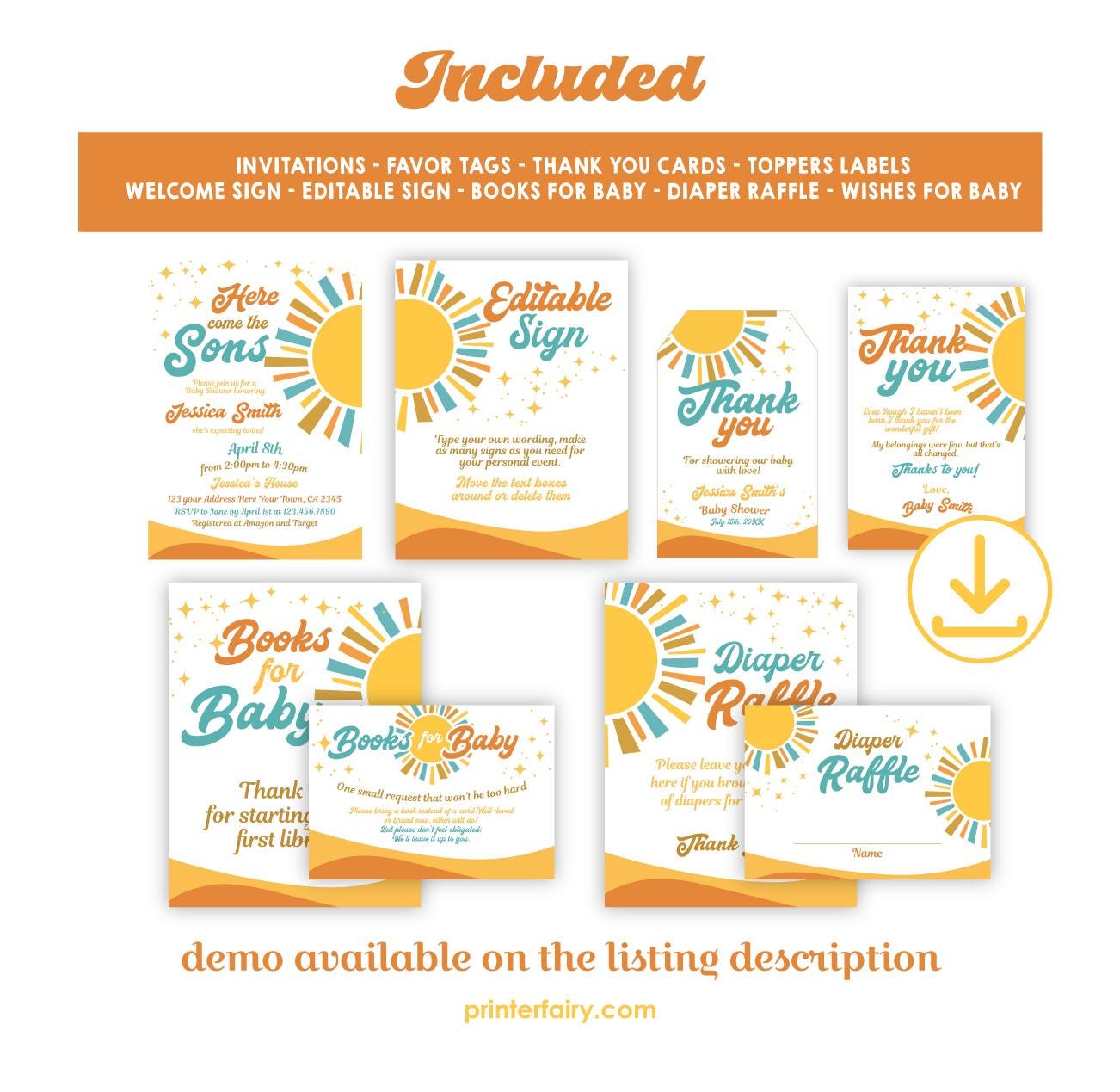 Twin Boys Baby Shower Bundle, Here comes the Sun Theme (Editable Digital Download)