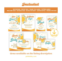 Twin Boys Baby Shower Bundle, Here comes the Sun Theme (Editable Digital Download)
