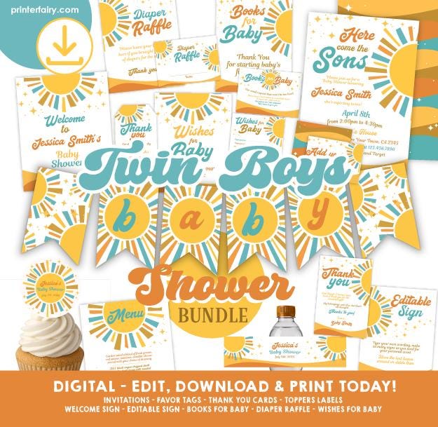 Twin Boys Baby Shower Bundle, Here comes the Sun Theme (Editable Digital Download)