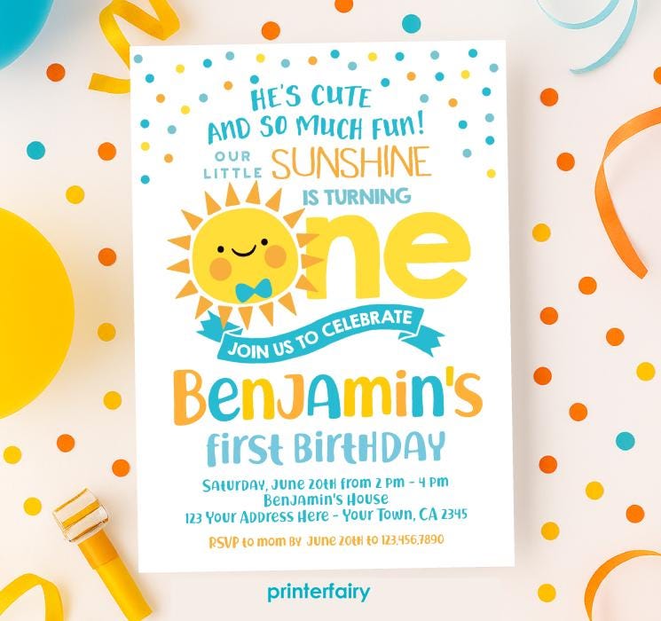 Little Sunshine First Birthday Invitation, EDITABLE Template (Digital Download)